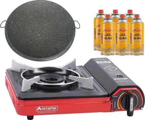 Portatif Kamp Ocağı Kırmızı + Granit Katmer + 6 Evolite 227 gr Gaz Kartuşu EVO-002-F5