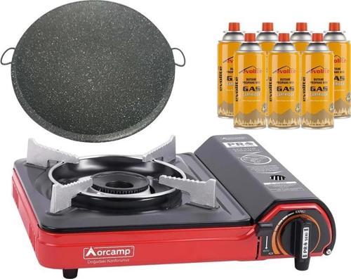 Portatif Kamp Ocağı Kırmızı + Granit Katmer + 7 Evolite 227 gr Gaz Kartuşu EVO-002-F6