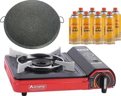 Portatif Kamp Ocağı Kırmızı + Granit Katmer + 8 Evolite 227 gr Gaz Kartuşu EVO-002-F7