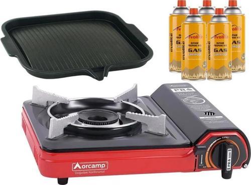 Portatif Kamp Ocağı Kırmızı + Yapışmaz Izgara Tava + 5 Evolite 227 gr Gaz Kartuşu EVO-002-B4
