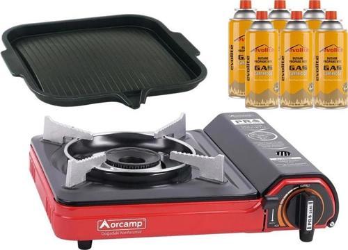 Portatif Kamp Ocağı Kırmızı + Yapışmaz Izgara Tava + 6 Evolite 227 gr Gaz Kartuşu EVO-002-B5