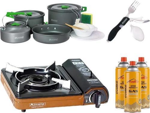 Portatif Kamp Ocağı Turuncu + 4'lü Tencere Seti + ÇKB(OUT-1350-S) + 3 Evolite 227 gr Gaz Kartuşu EVO-003-D2
