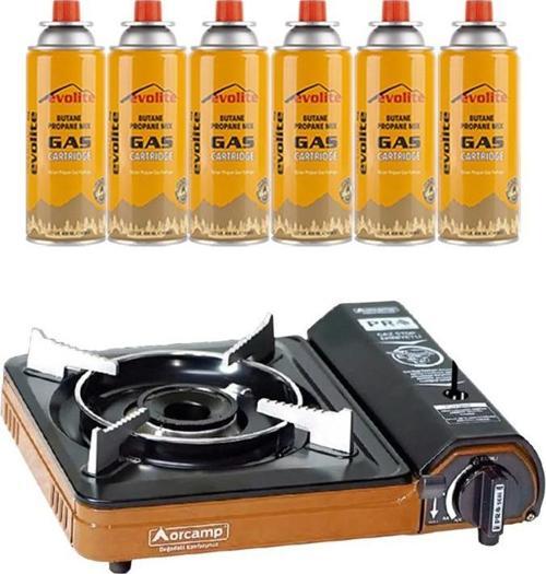 Portatif Kamp Ocağı Turuncu + 6 Evolite 227 gr Gaz Kartuşu EVO-003-A5