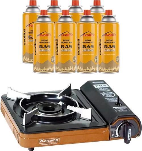 Portatif Kamp Ocağı Turuncu + 8 Evolite 227 gr Gaz Kartuşu EVO-003-A7