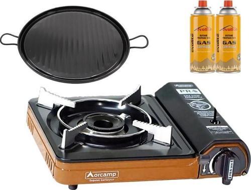Portatif Kamp Ocağı Turuncu + Emaye Tava + 2 Evolite 227 gr Gaz Kartuşu EVO-003-F1