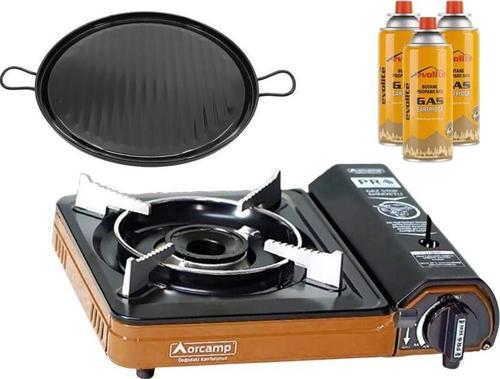 Portatif Kamp Ocağı Turuncu + Emaye Tava + 3 Evolite 227 gr Gaz Kartuşu EVO-003-F2
