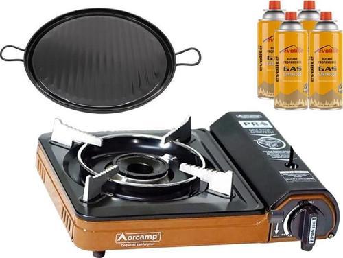 Portatif Kamp Ocağı Turuncu + Emaye Tava + 4 Evolite 227 gr Gaz Kartuşu EVO-003-F3