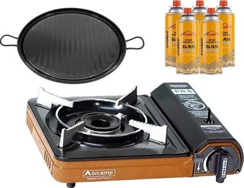 Portatif Kamp Ocağı Turuncu + Emaye Tava + 5 Evolite 227 gr Gaz Kartuşu EVO-003-F4