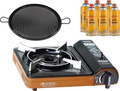 Portatif Kamp Ocağı Turuncu + Emaye Tava + 6 Evolite 227 gr Gaz Kartuşu EVO-003-F5