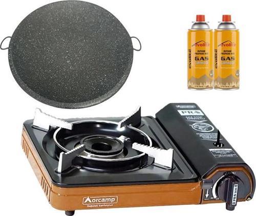 Portatif Kamp Ocağı Turuncu + Granit Katmer + 2 Evolite 227 gr Gaz Kartuşu EVO-003-E1