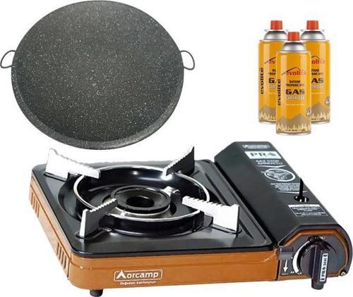Portatif Kamp Ocağı Turuncu + Granit Katmer + 3 Evolite 227 gr Gaz Kartuşu EVO-003-E2