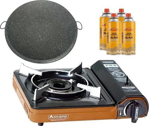 Portatif Kamp Ocağı Turuncu + Granit Katmer + 4 Evolite 227 gr Gaz Kartuşu EVO-003-E3