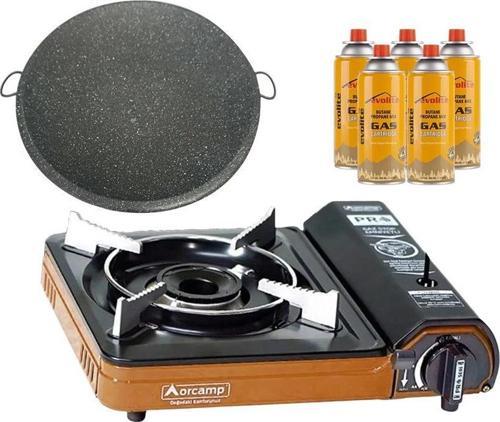 Portatif Kamp Ocağı Turuncu + Granit Katmer + 5 Evolite 227 gr Gaz Kartuşu EVO-003-E4