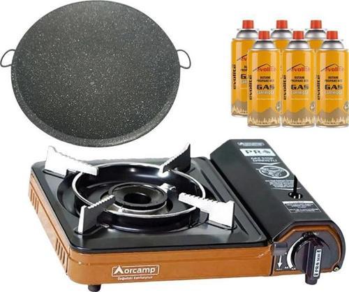 Portatif Kamp Ocağı Turuncu + Granit Katmer + 6 Evolite 227 gr Gaz Kartuşu EVO-003-E5
