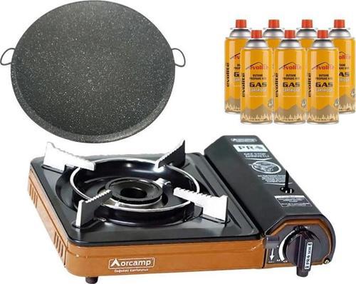 Portatif Kamp Ocağı Turuncu + Granit Katmer + 7 Evolite 227 gr Gaz Kartuşu EVO-003-E6