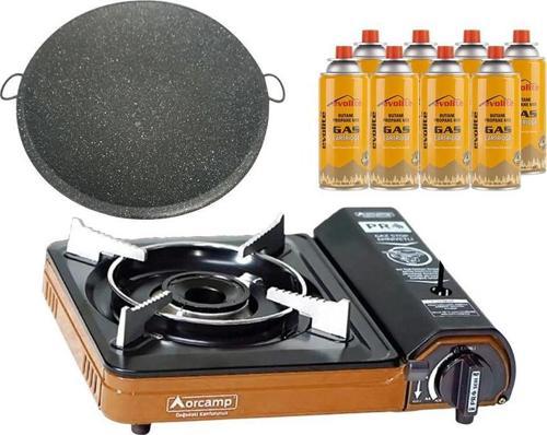 Portatif Kamp Ocağı Turuncu + Granit Katmer + 8 Evolite 227 gr Gaz Kartuşu EVO-003-E7