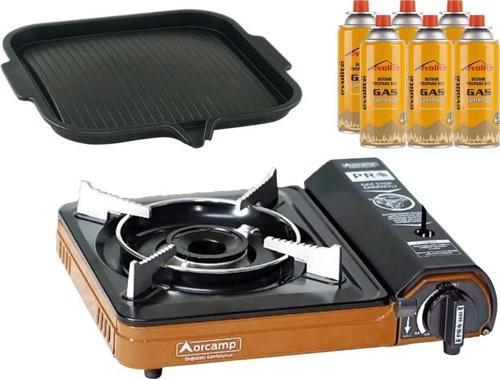 Portatif Kamp Ocağı Turuncu + Yapışmaz Izgara Tava + 6 Evolite 227 gr Gaz Kartuşu EVO-003-B5