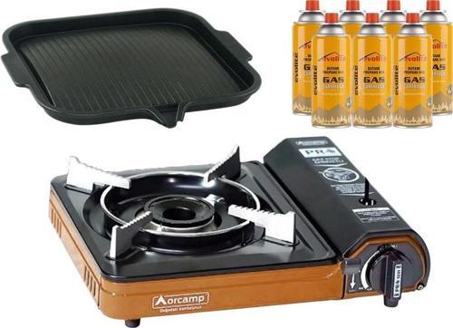 Portatif Kamp Ocağı Turuncu + Yapışmaz Izgara Tava + 7 Evolite 227 gr Gaz Kartuşu EVO-003-B6