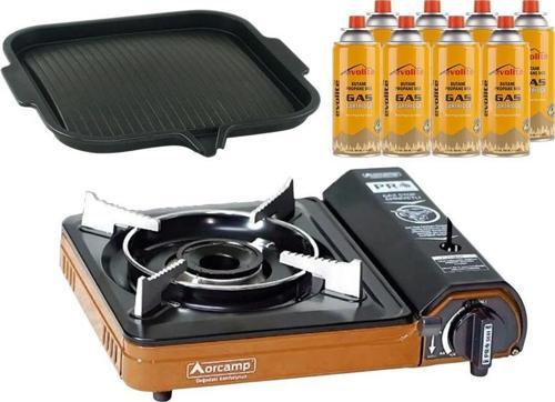 Portatif Kamp Ocağı Turuncu + Yapışmaz Izgara Tava + 8 Evolite 227 gr Gaz Kartuşu EVO-003-B7