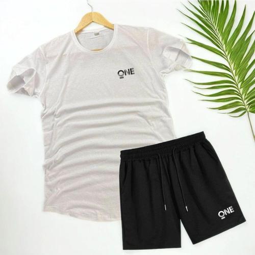 Unisex Beyaz One Baskılı Alt Üst Şort T-shirt Takım Kombin