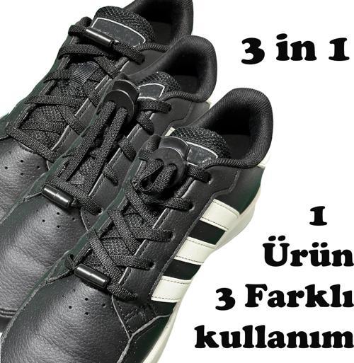 3 in 1 Akıllı Kilitli Elastik Outdoor Ayakkabı Bağcığı 100cm 1 Çift Siyah