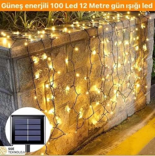 8 MODLU GÜNEŞ ENERJİLİ 100 LED 12 METRE SARI RENK BAHÇE AYDINLATMASI LED IŞIK 