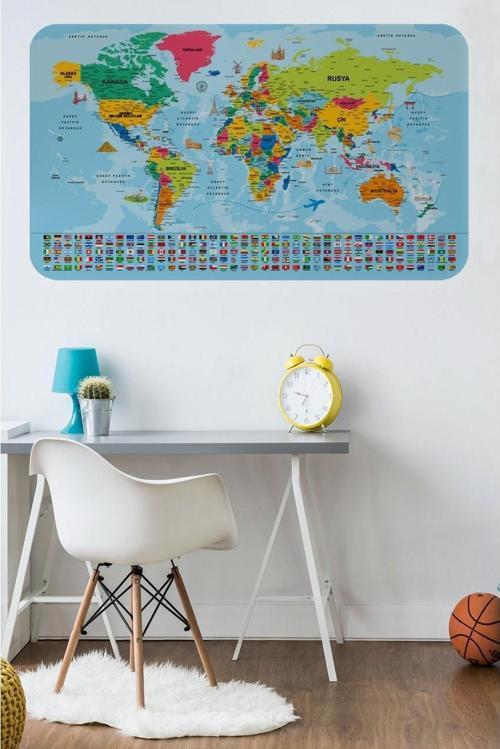 Dünya Haritası Eğitici Ülke Bayraklı Türkçe Harita Çocuk Odası Genç Odası Duvar Sticker