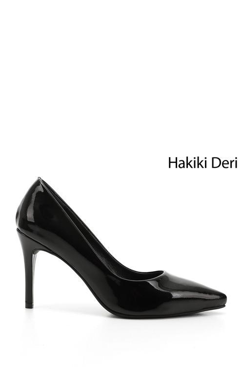 Kadın Siyah Rugan Sivri Burun İnce Topuklu Hakiki Deri Stiletto