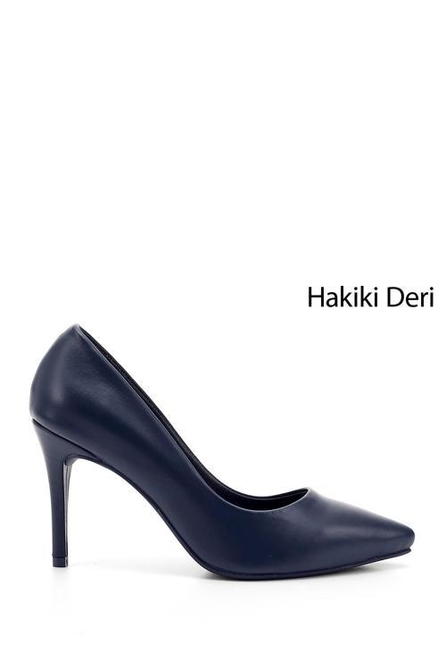 Kadın Lacivert Sivri Burun İnce Topuklu Hakiki Deri Stiletto