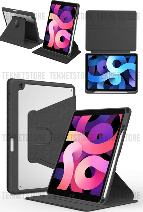 Apple Ipad 10.2 8. Ve 9. Nesil 2020/2021 Kılıf Kalemlikli 360 Dönebilen Standlı Şeffaf Tablet Kılıfı