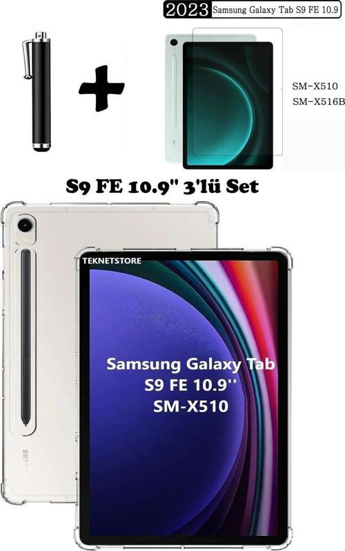 Samsung Galaxy Tab S9 FE 10.9 Inç Tablet Kılıfı Silikon Ekran Koruyucu Dokunmatik Kalem Seti