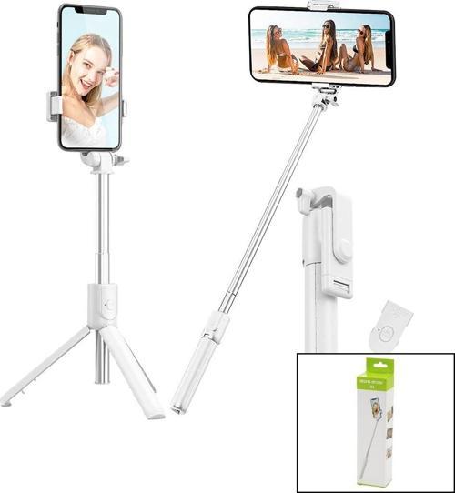 BEYAZ  SELFİ ÇUBUK - TRİPOD AYAKLI  57CM UZAYAN-KISALAN SAPLI + 10CM =67CM (2818)