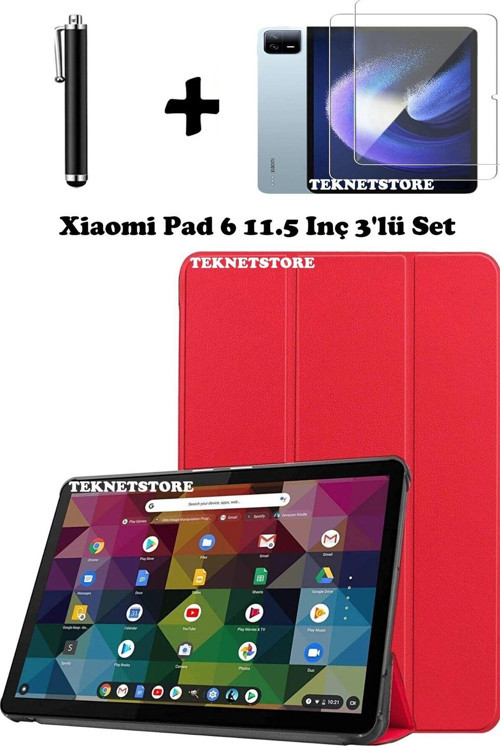 Xiaomi Pad 6 11 Inç 2023 Uyumlu Flip Smart Standlı Uyku Modlu Tablet Kılıfı + Ekran Koruyucu + Kalem