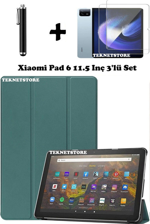 Xiaomi Pad 6 11 Inç 2023 Uyumlu Flip Smart Standlı Uyku Modlu Tablet Kılıfı + Ekran Koruyucu + Kalem