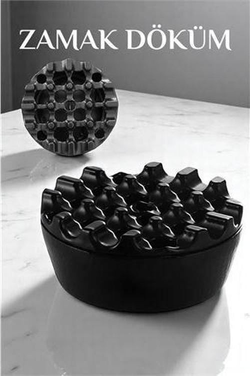 Kapaklı Zamak Döküm Yuvarlak Küllük Metal Kül Tablası - Kafe Küllüğü SİYAH