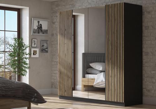 Nova Zebra Kapak Aynalı 180 Cm 4 Kapaklı Gardırop Minifiks - Wood Siyah / Atlantik Çam