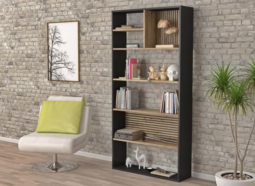 Nova Zebra 7 Bölmeli Kitaplıklık - Minifiks - Wood Siyah  Atlantik Çam