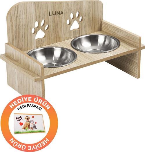 Ahşap Özel İsim Baskılı, Kare Kedi Köpek Mama Su Kabı Standı, Metal Suluk, Kedi Köpek Halısı