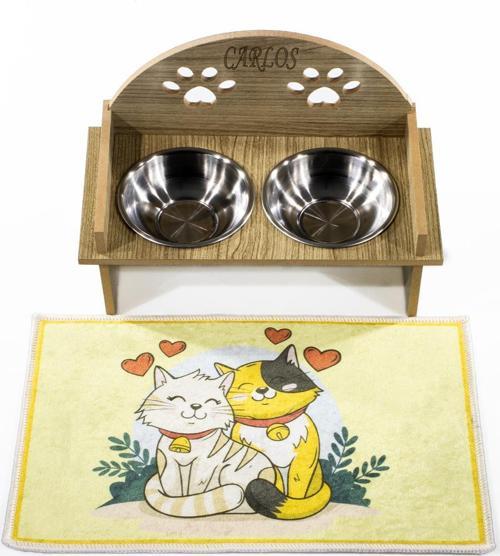 Ahşap Özel İsim Baskılı, Oval Kedi Köpek Mama Su Kabı Standı, Metal Suluk, Kedi Köpek Halısı