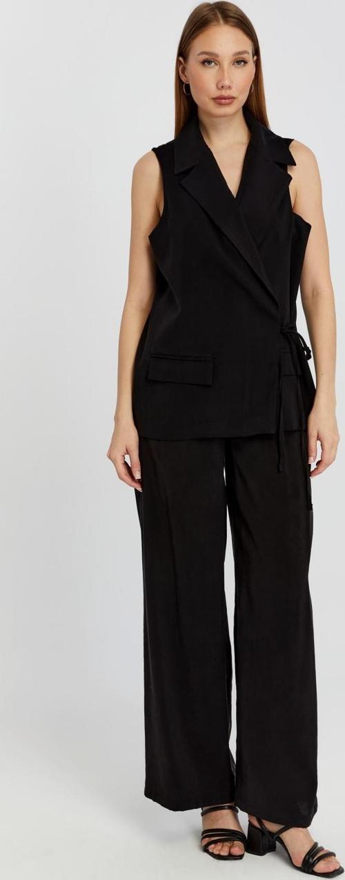 Siyah Regular Fit Belden Bağlama Detaylı Astarlı Dokuma Yelek