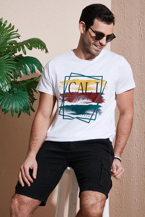 Pamuklu Slim Fit Bisiklet Yaka Erkek T Shirt 541CALIFORNIA24 BEYAZ
