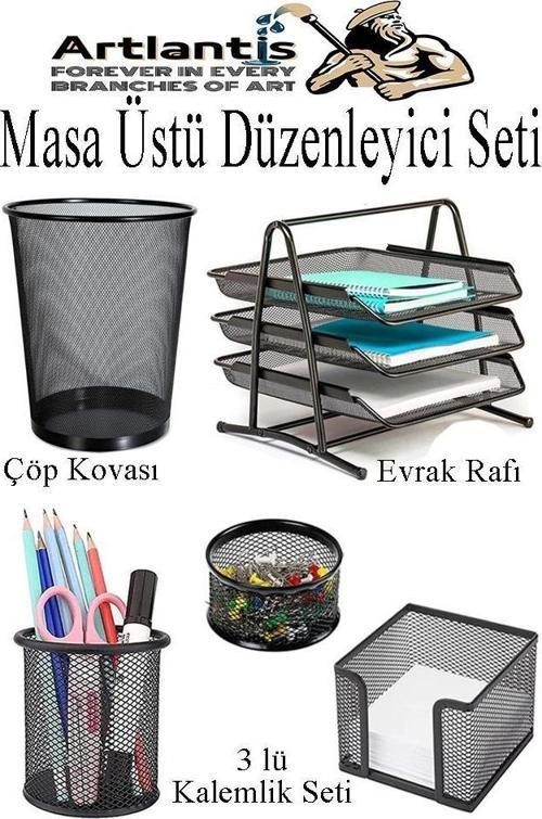 Masa Üstü Siyah Fileli Kalemlik Çöp Kovası ve 3 Katlı Evrak Rafı 5 Parça 1 Paket 5 li Masa Üstü Düzenleyici Kalemlik Küp