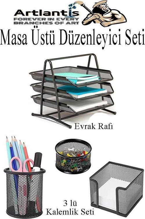 Masa Üstü Siyah Fileli Kalemlik ve 3 Katlı Evrak Rafı 4 Parça 1 Paket 4 lü Masa Üstü Düzenleyici Kalemlik Küp Notluk Ata