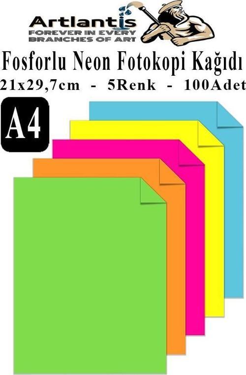 Neon Fosforlu Renkli A4 Fotokopi Kağıdı 100 lü 1 Paket 100 Adet Fosforlu 5 Renk Parlak Canlı Renkler Fotokopi Kağıdı