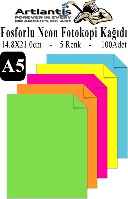 Neon Fosforlu Renkli A5 Fotokopi Kağıdı 100 lü 1 Paket 100 Adet Fosforlu 5 Renk Parlak Canlı Renkler Fotokopi Kağıdı
