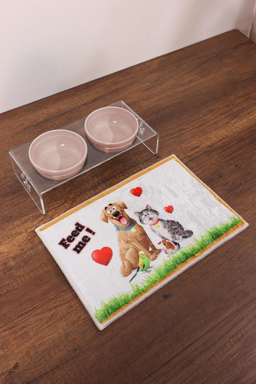 2'li Seramik Dekoratif Kedi Ve Köpek Pleksi Mama & Su Kabı Paspas Pembe