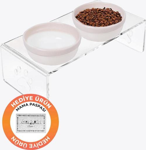 2'li Seramik Dekoratif Kedi Ve Köpek Pleksi Mama & Su Kabı Paspas