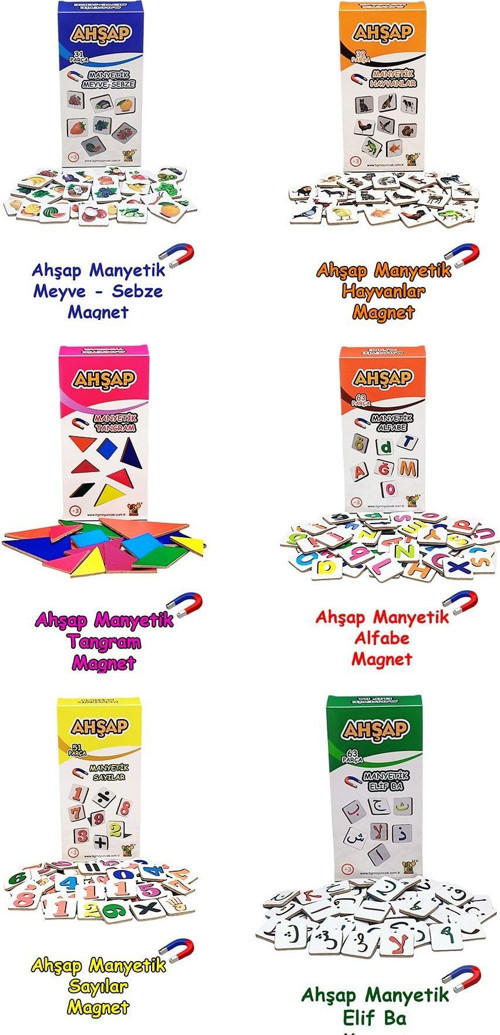Ahşap Meyve Sebze- Hayvanlar - Tangram -Alfabe - Sayılar - Elif Ba Magnet