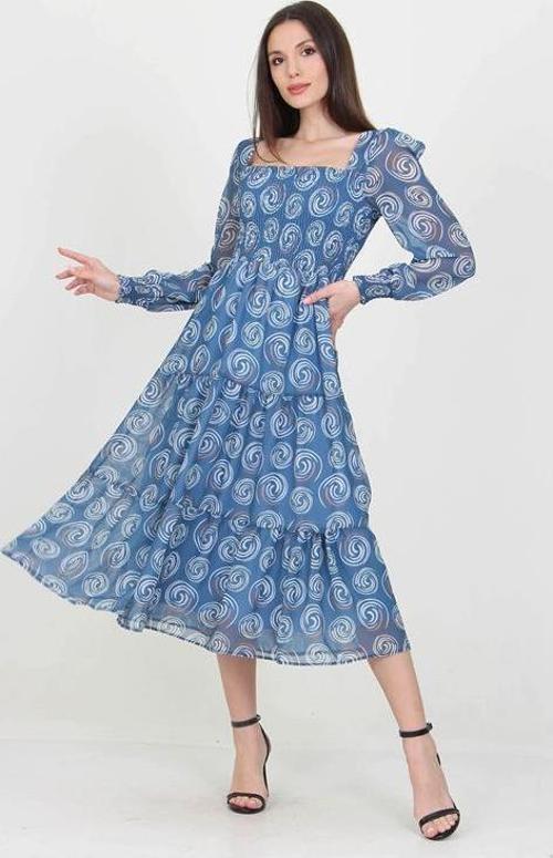 kadın indigo gipeli kare yaka desenli şifon elbise DP100361