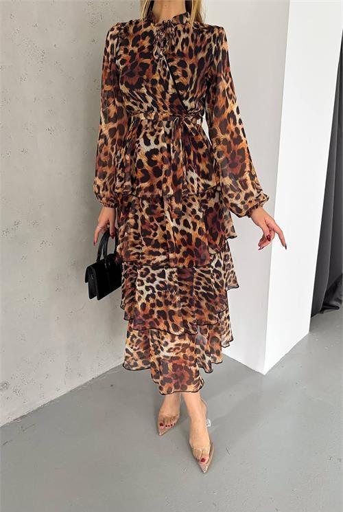 kadın eteği kat kat leopar desenli şifon elbise DPKKLF2036